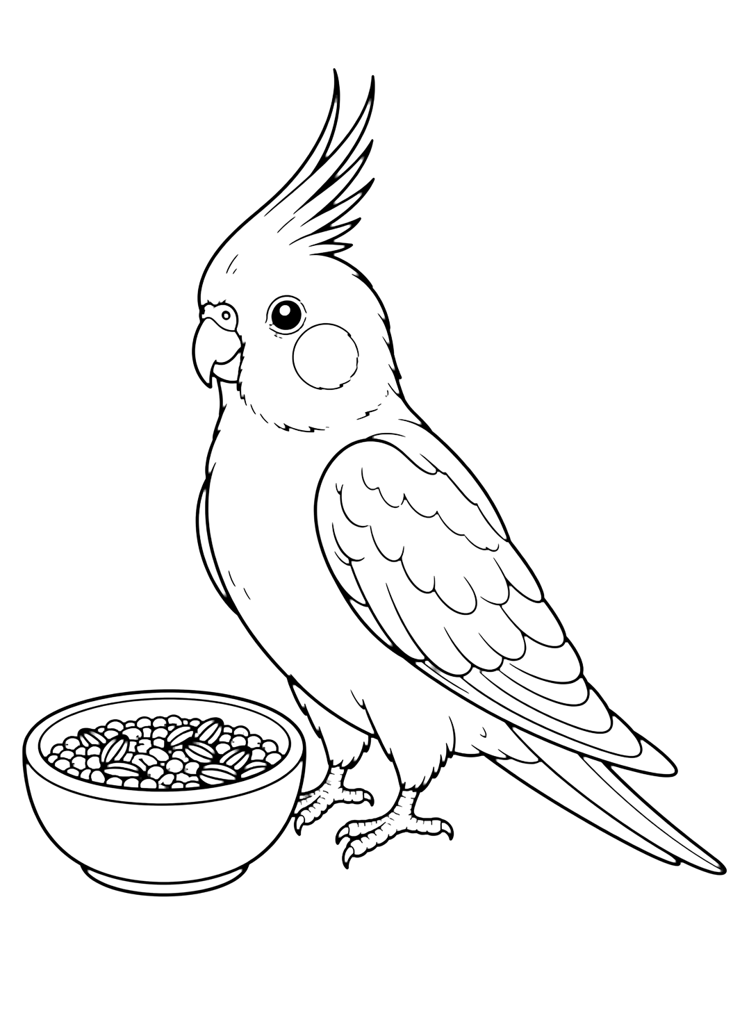 Cacatúa ninfa con cuenco de semillas para colorear