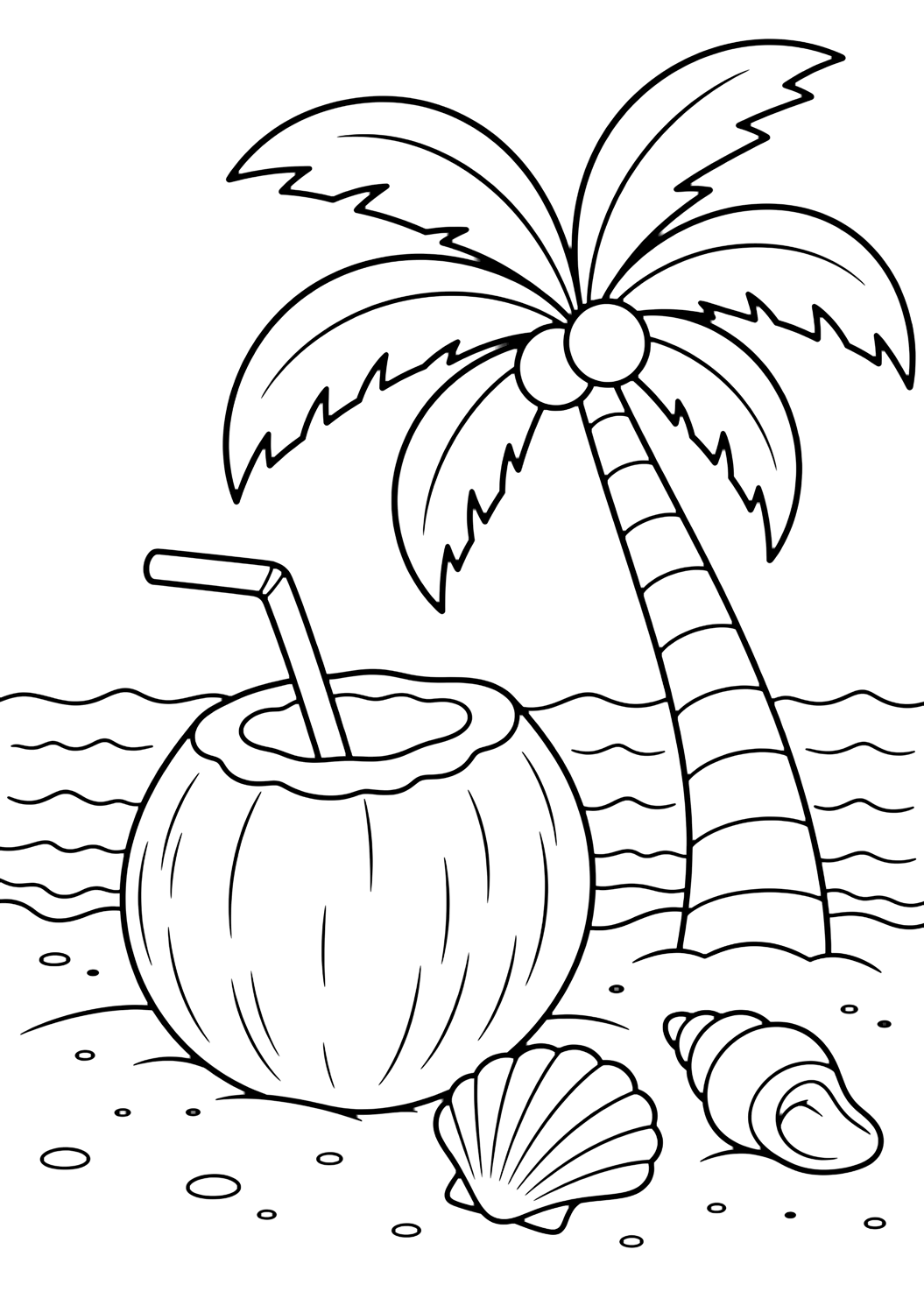 Dibujo para colorear con bebida de coco bajo una palmera. Ideal para niños, playas tropicales, verano, impresión y coloreado online.