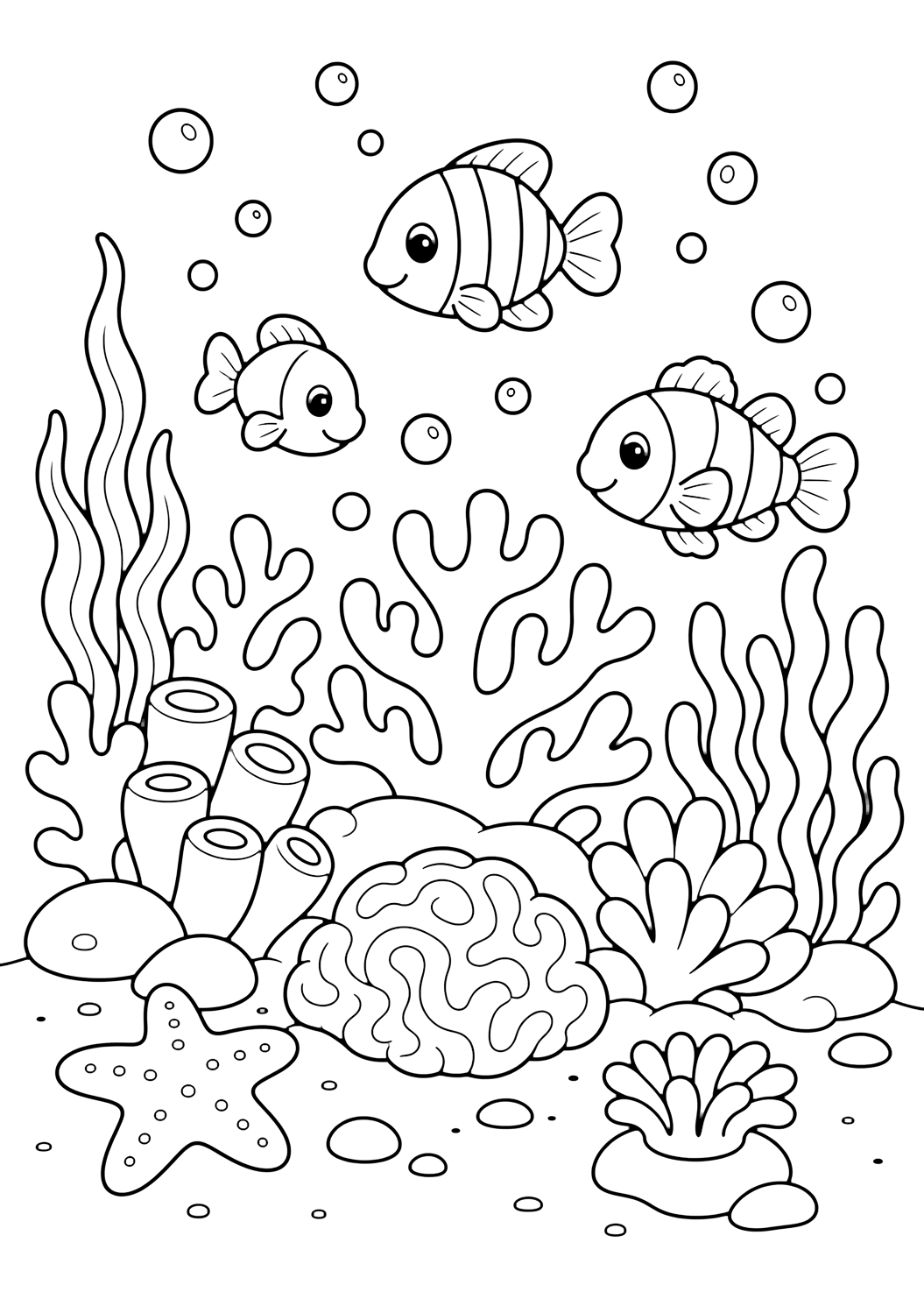 Coloriage d'océan avec récif corallien. Idéal pour enfants, activités d'été, impression et coloriage en ligne.