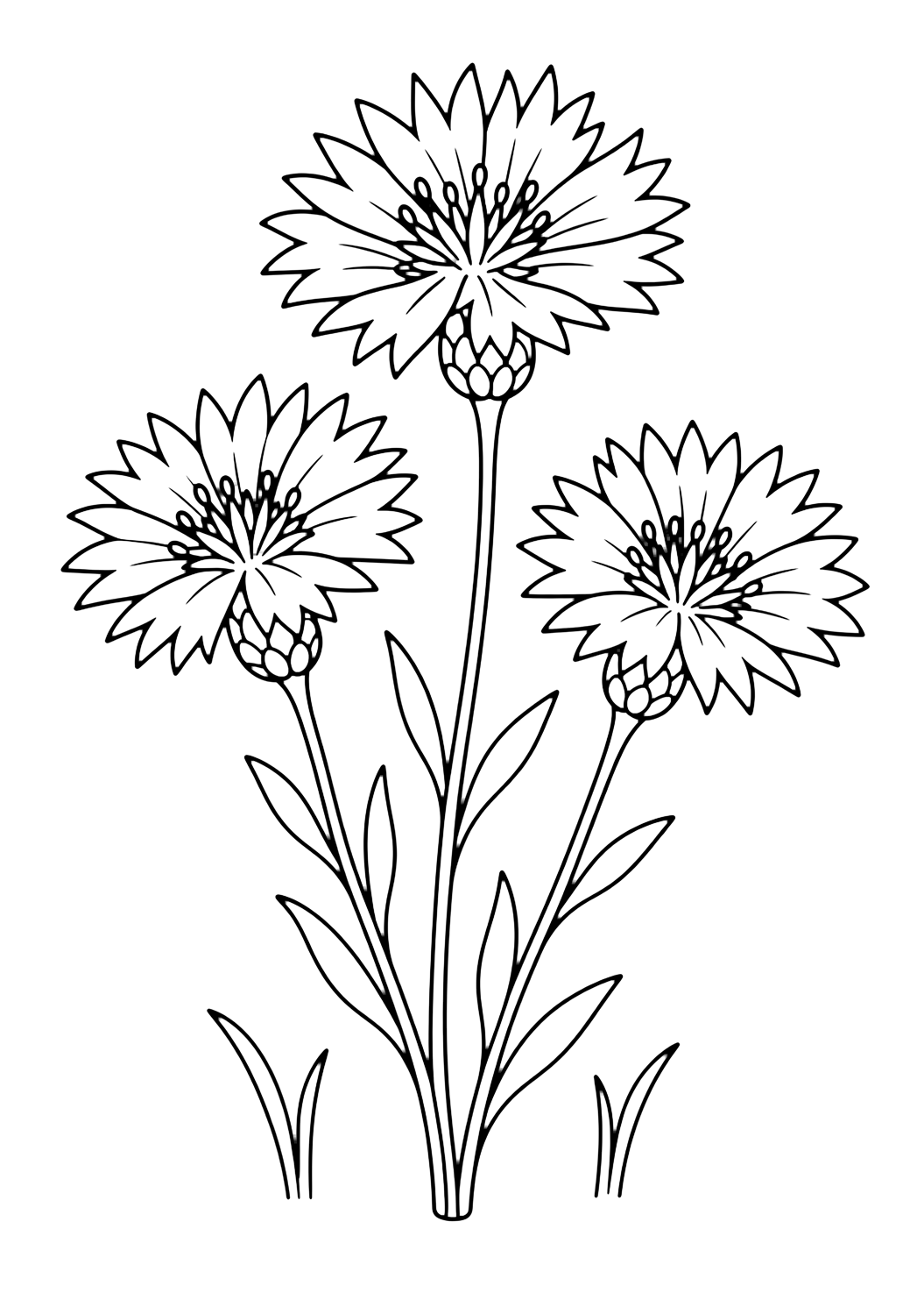 Acianos para colorear con tres flores de aciano sobre tallos finos, pétalos puntiagudos, hojas pequeñas y dos briznas de hierba abajo. Ideal para niños que disfrutan flores silvestres para colorear para imprimir y colorear online.