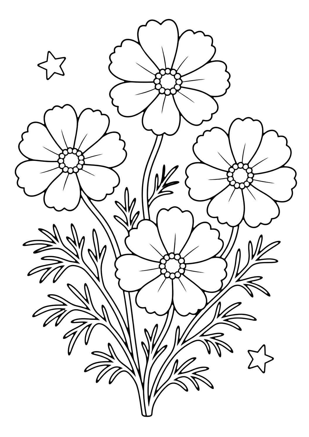 Cosmos selvatici da colorare con quattro fiori aperti con petali rotondi, foglie sottili, steli curvi e due piccole stelle decorative. Perfetta per i bambini che amano i disegni di fiori selvatici da colorare da stampare e colorare online.