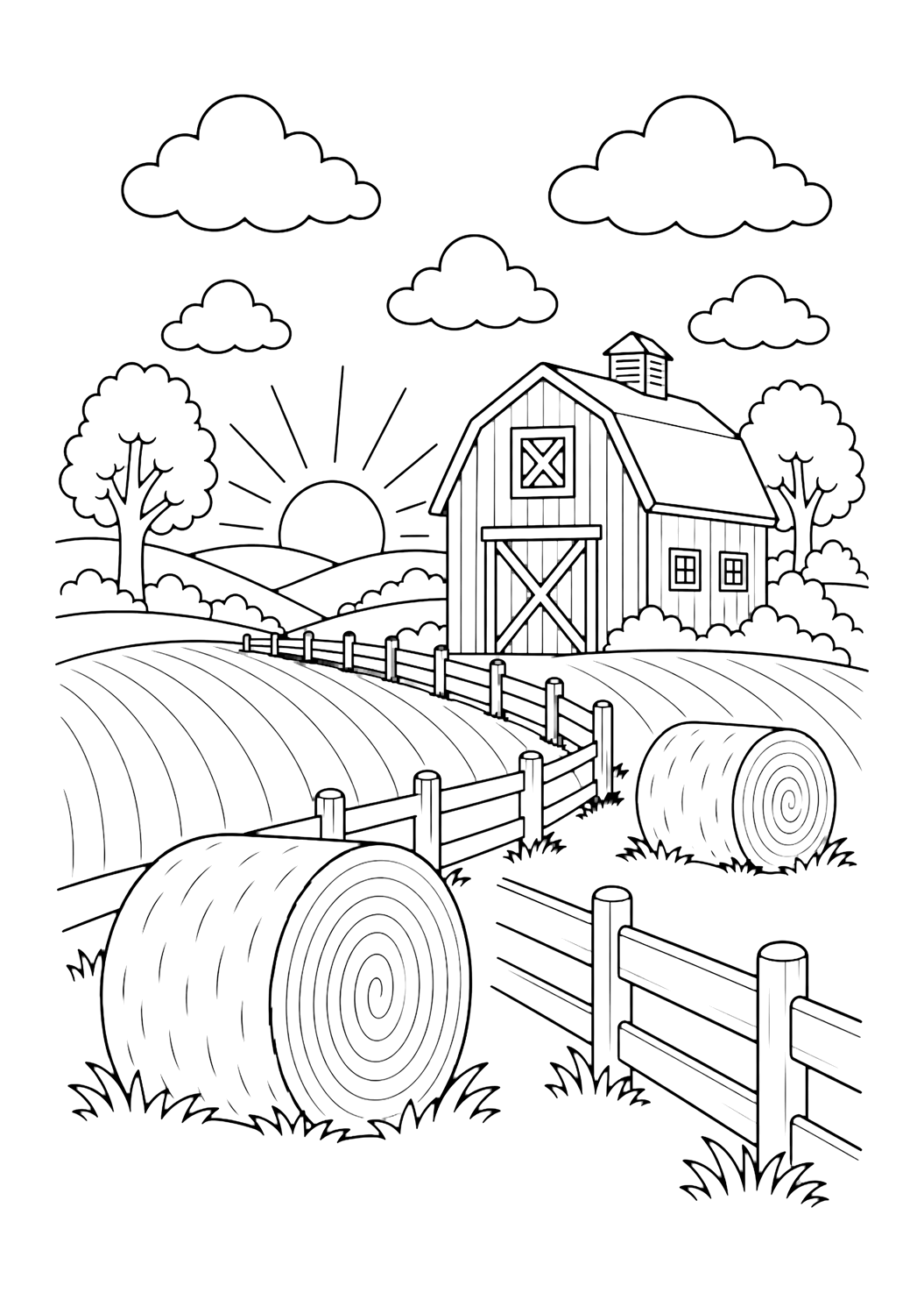 Coloriage grange de campagne au coucher du soleil