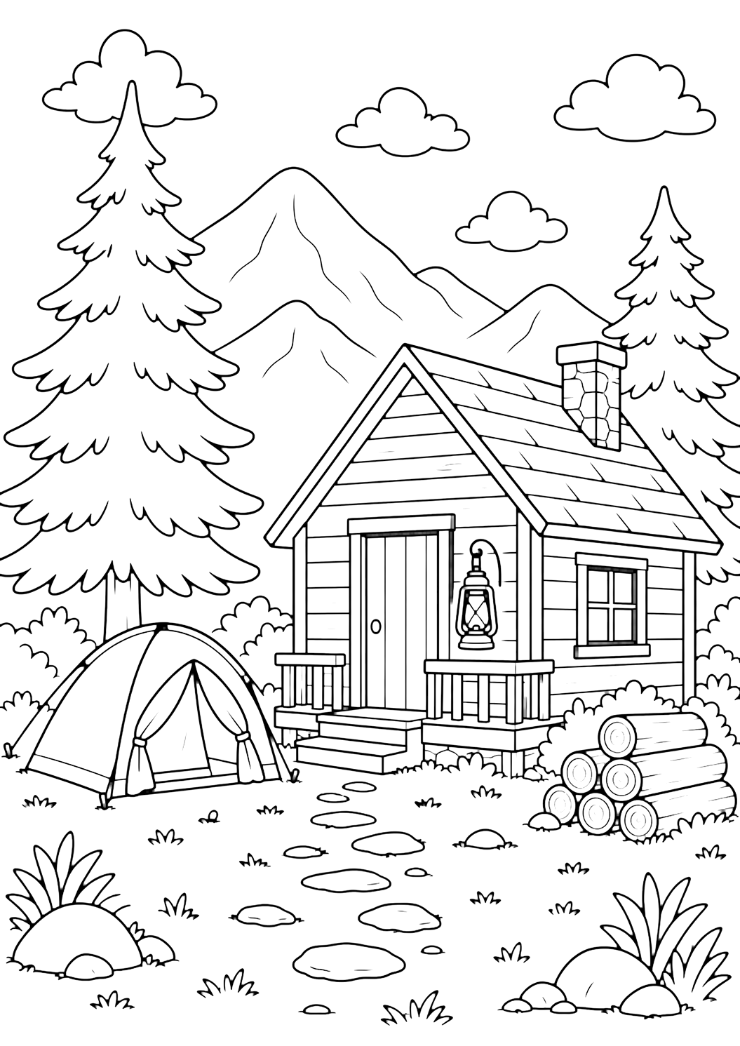 Dibujo de camping con cabaña acogedora de camping. Ideal para imprimir, descargar, colorear online y actividades tranquilas de verano.