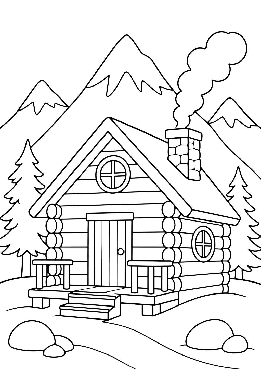 cozy mountain cabin coloring page with a cozy log cabin with a smoking chimney, round windows, a front door, a small porch, pine trees, and mountains in the background for kids