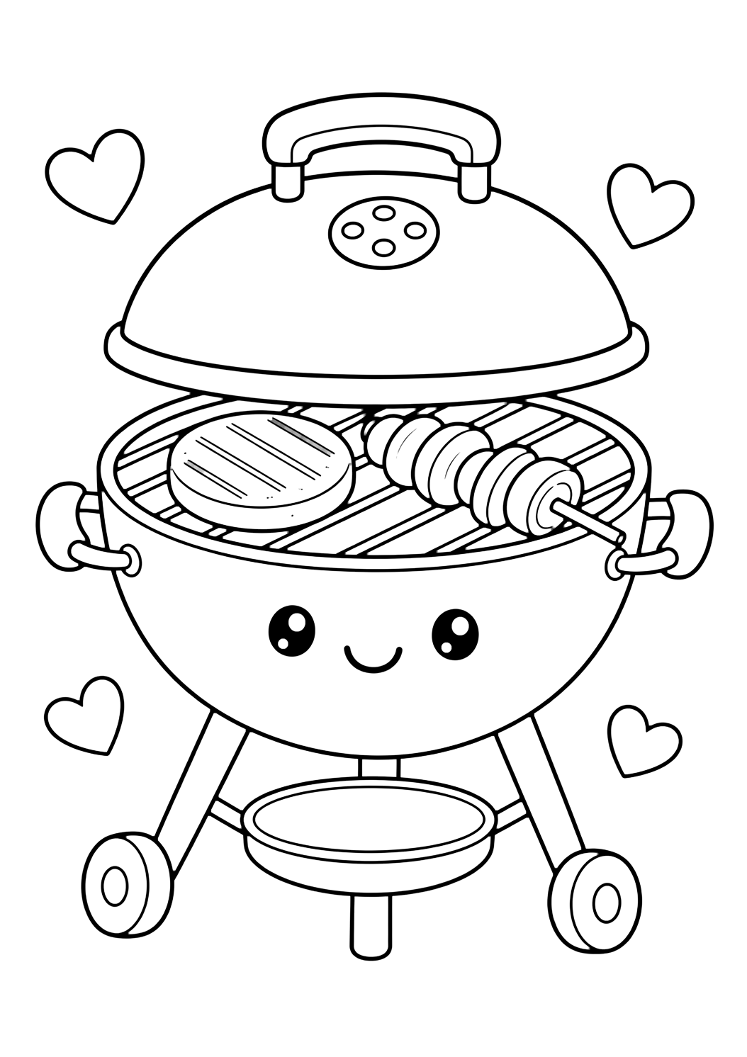 Dibujo de barbacoa y picnic con parrilla sonriente. Ideal para verano, impresión, descarga y coloreado online.