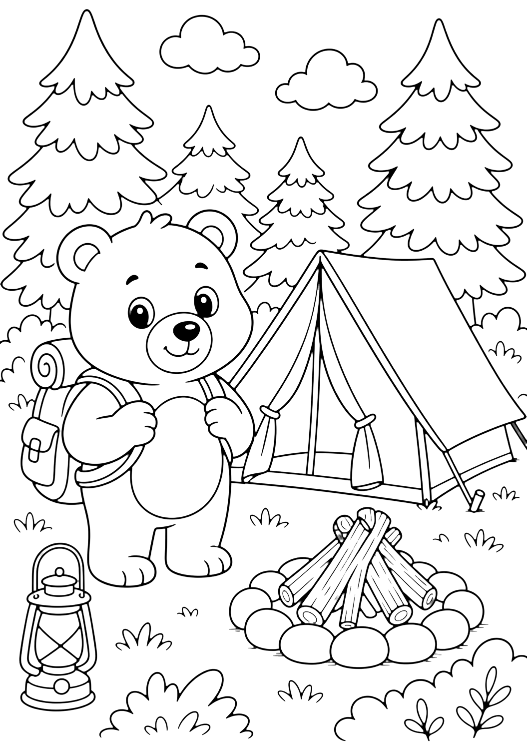Dibujo de camping con osito de camping. Ideal para imprimir, descargar, colorear online y actividades tranquilas de verano.