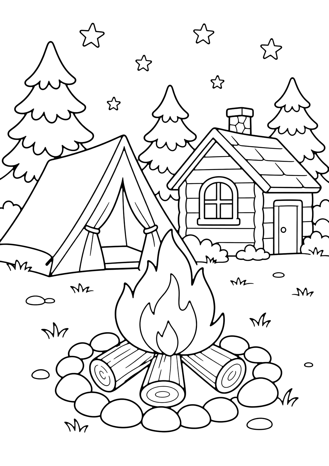 Dibujo de campamento de verano con fogata simpática. Ideal para imprimir, descargar, colorear online y actividades tranquilas.