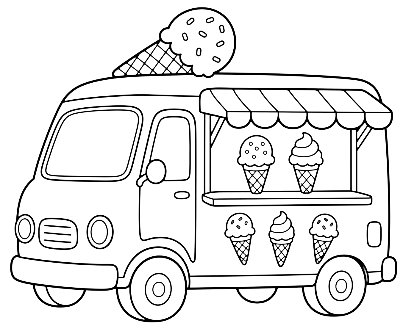 Eiswagen-Ausmalbild mit niedlicher eiswagen. Geeignet für Kinder, Sommeraktivitäten, Ausdrucke und Online-Ausmalen.