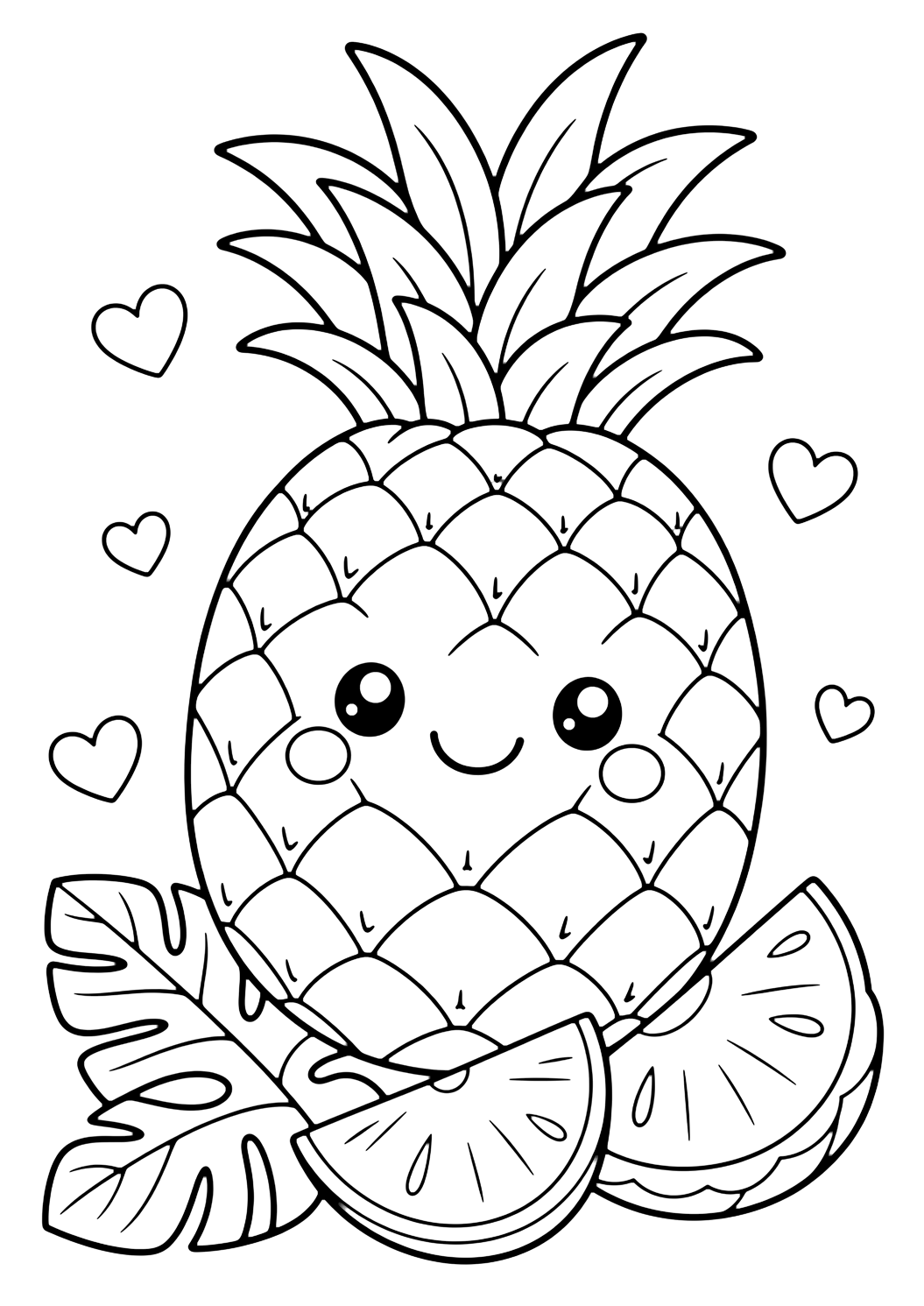 gülümseyen ananas içeren ananas boyama sayfası. Yaz, yazdırma, indirme ve çevrim içi boyama için uygundur.
