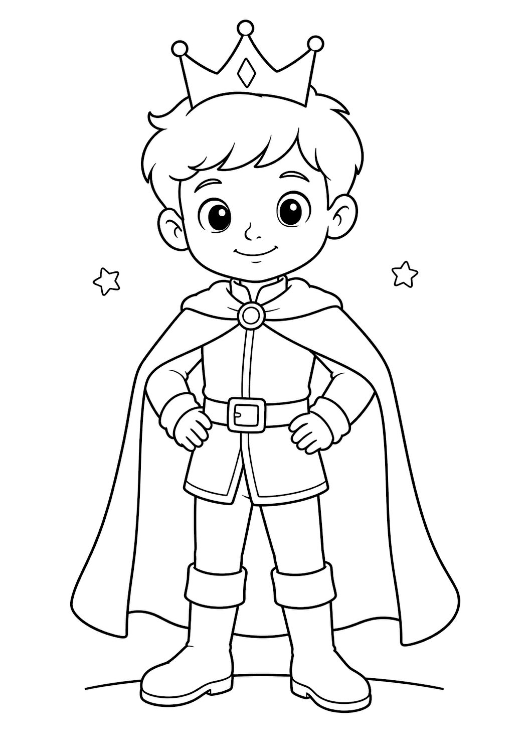 coloriage d’un prince souriant avec couronne, tenue royale, bottes et longue cape