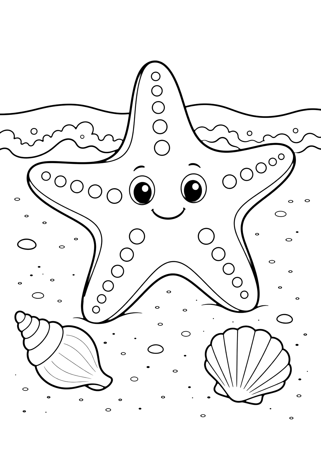 Coloriage avec Étoile de mer souriante. Idéal pour enfants, thèmes de l'océan, impression et coloriage en ligne.