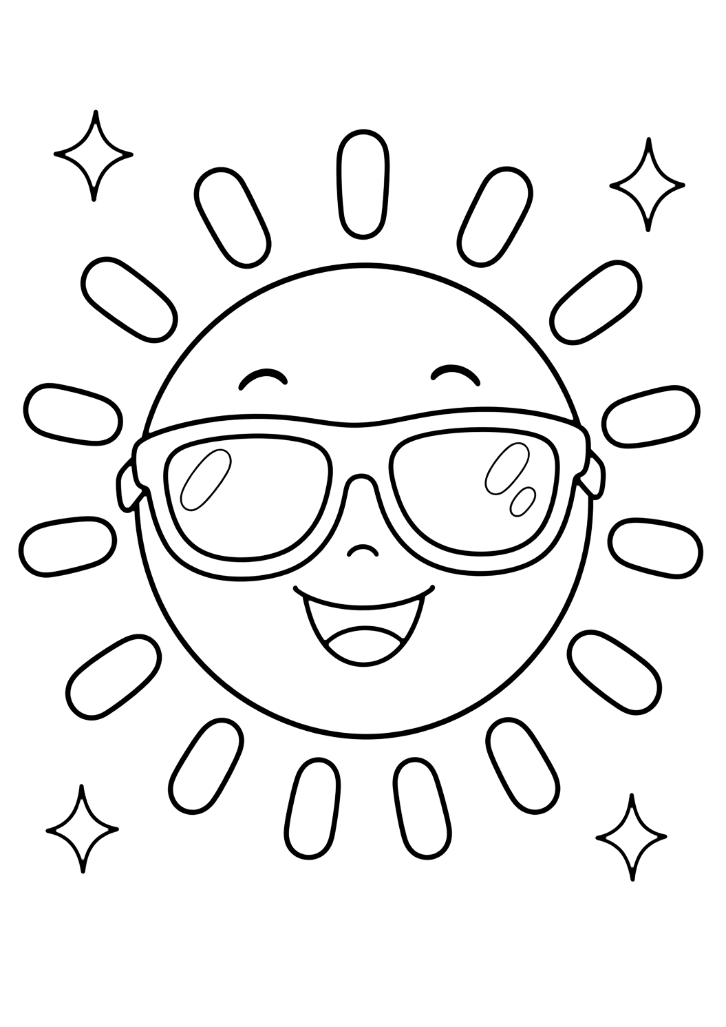 Sonne-Ausmalbild mit sonne mit sonnenbrille. Geeignet für Kinder, Sommer, Ausdrucke und Online-Ausmalen.