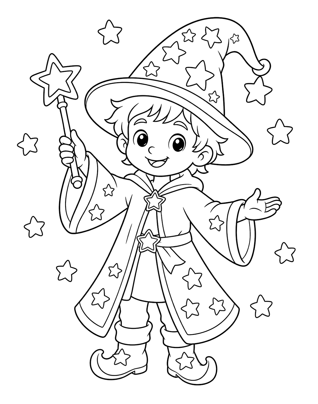 Mago tierno con varita de estrella para colorear