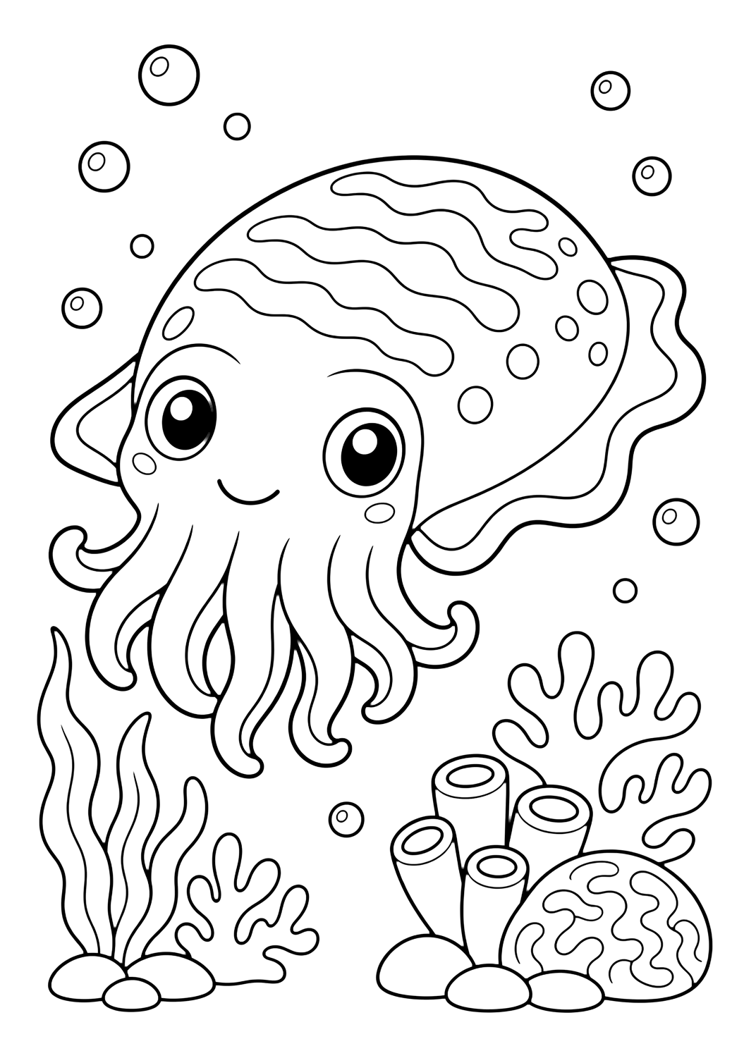 Coloriage avec Seiche. Idéal pour enfants, thèmes de l'océan, impression et coloriage en ligne.