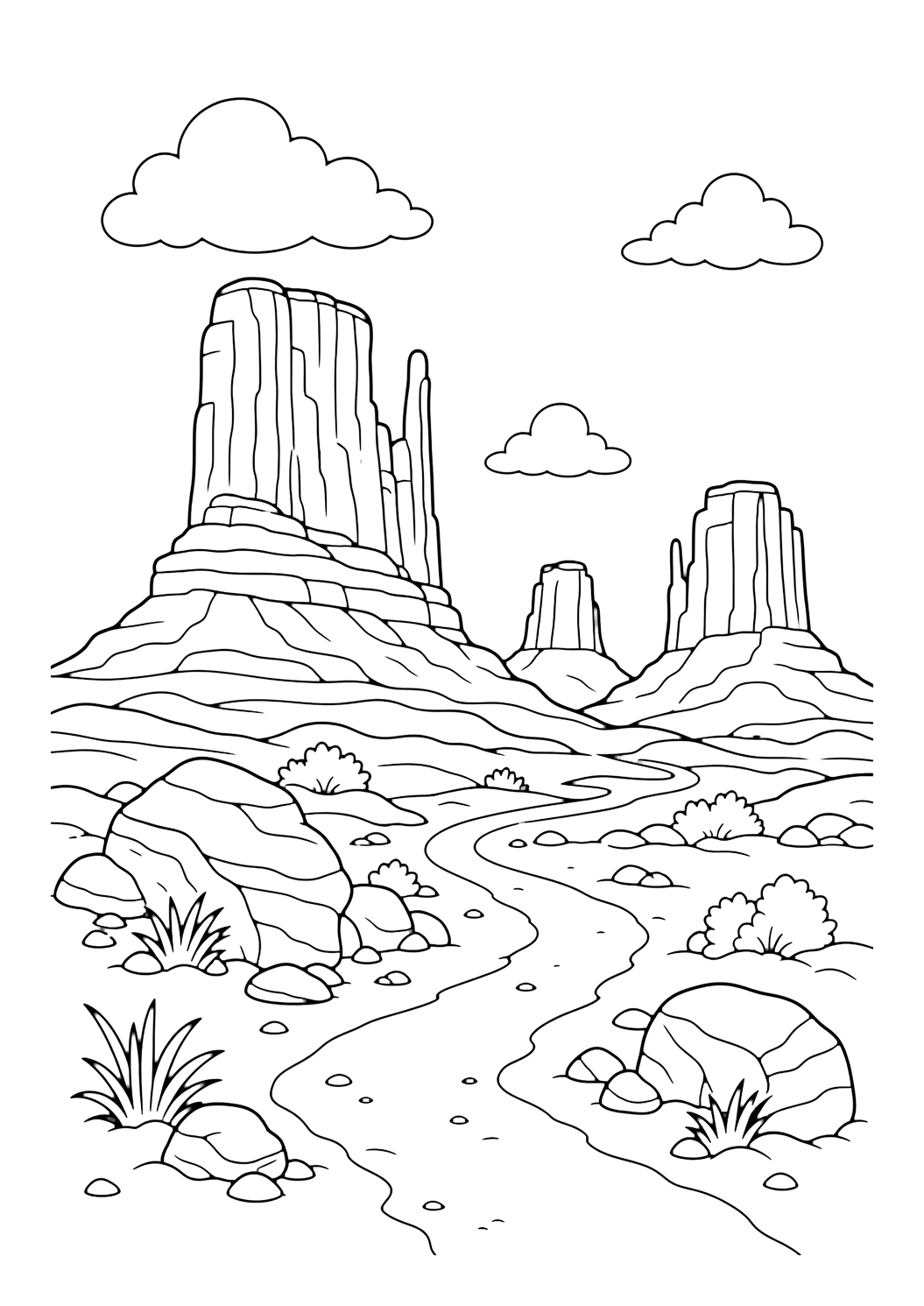 desert buttes coloring page with tall desert buttes rising from sandy ground with rocks, a simple path, clouds, and sky for kids