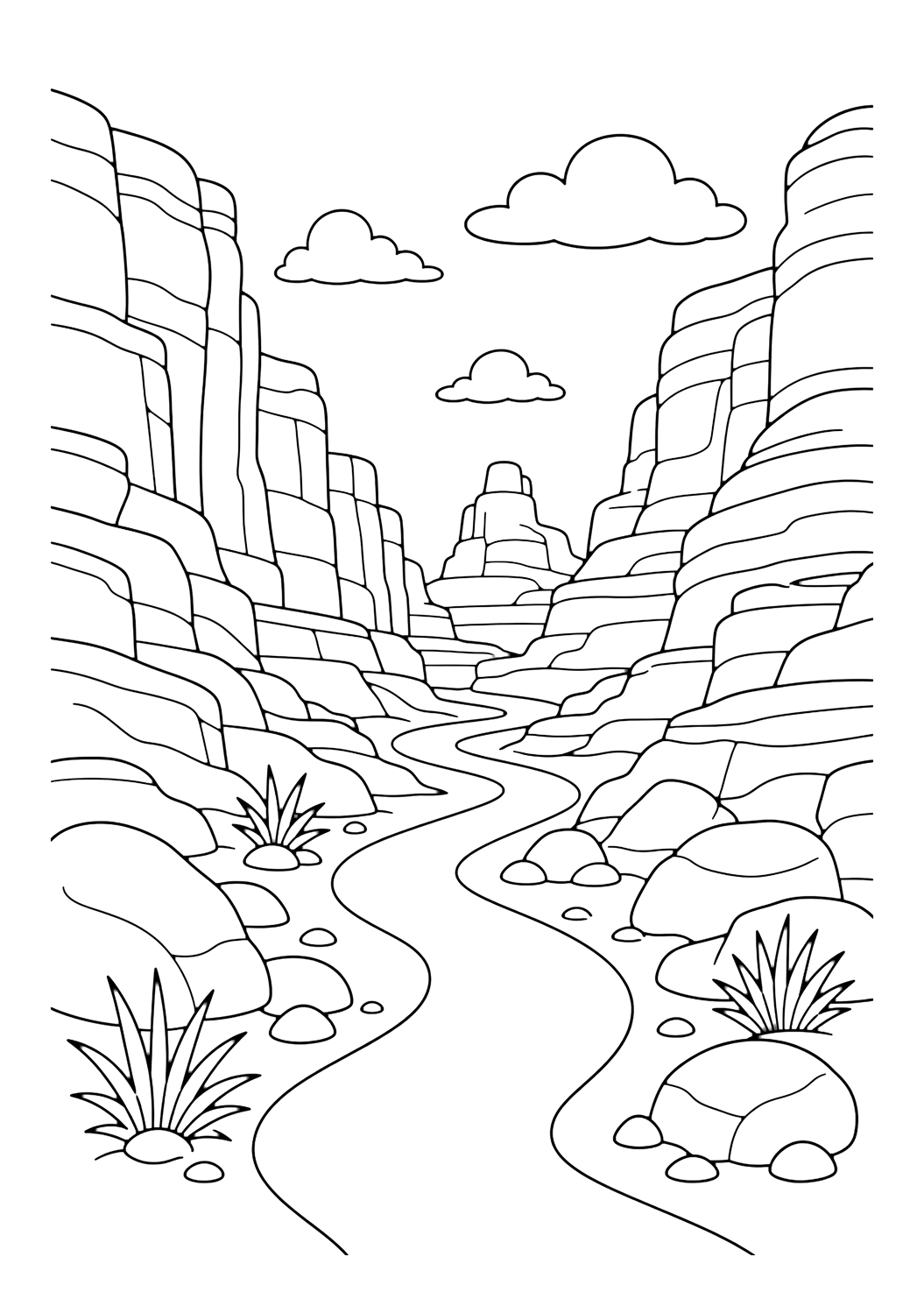 desert canyon path coloring page with a winding path through a desert canyon with tall layered rock walls, boulders, and open sky for kids