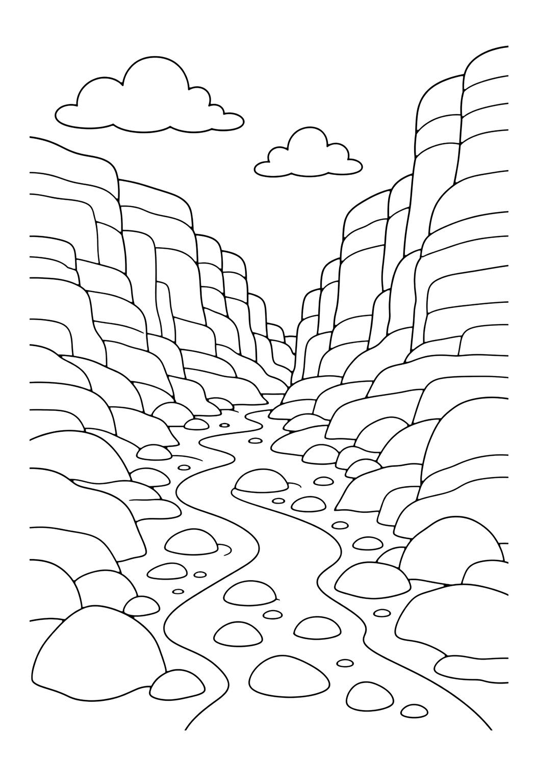 desert canyon riverbed coloring page with a dry riverbed winding between canyon walls with smooth stones, rock layers, and open sky for kids