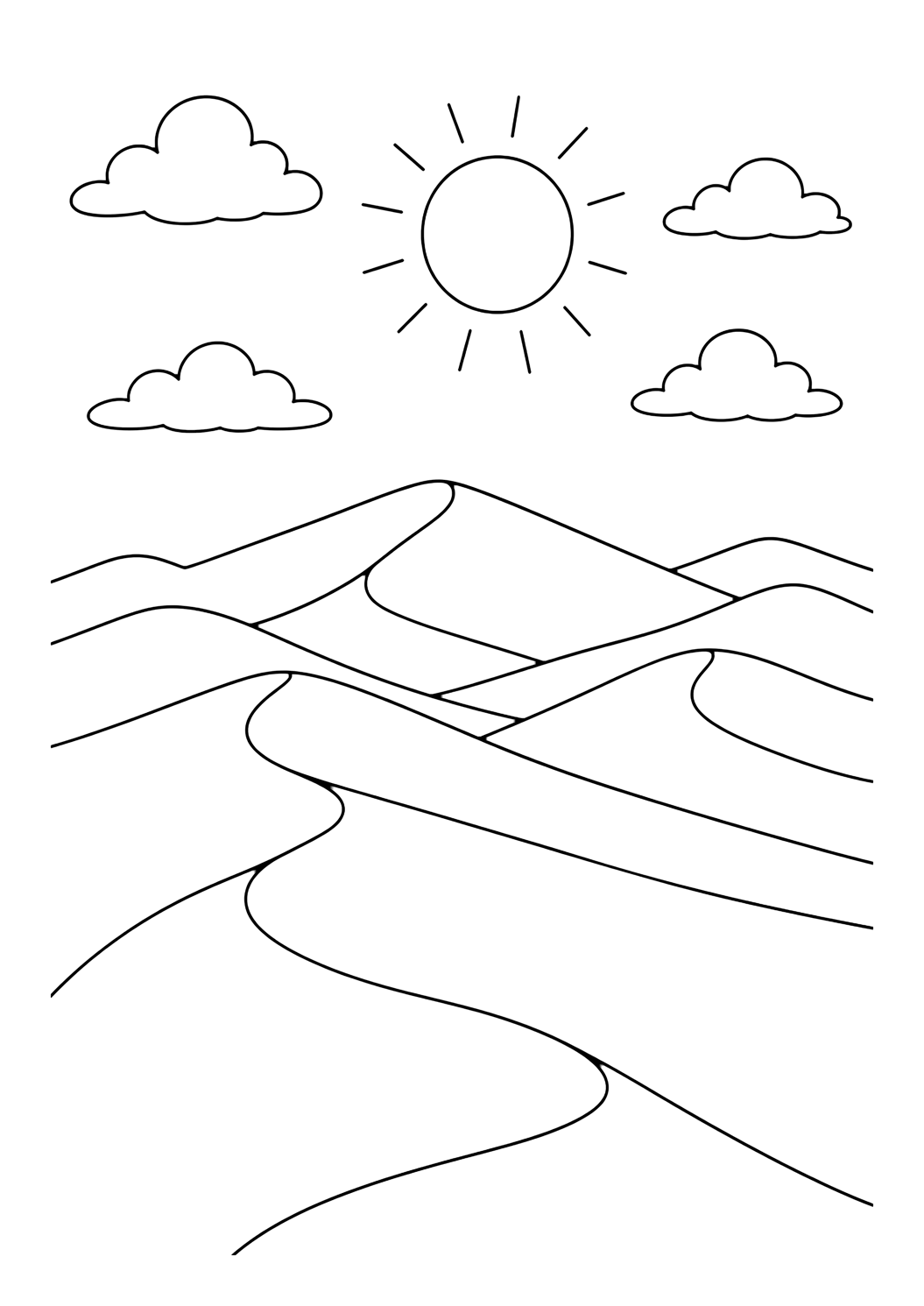 desert dunes with sun coloring page with sand dunes under a round sun with simple rays, soft clouds, and broad open sky for kids