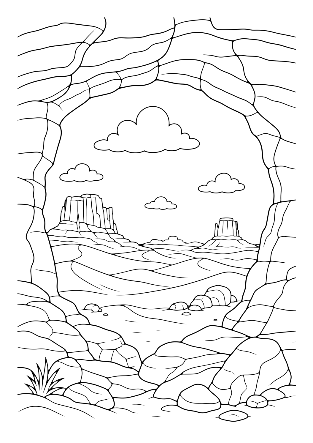 desert rock window coloring page with a desert rock window opening with a view of dunes, distant mesas, rocks, and clouds for kids