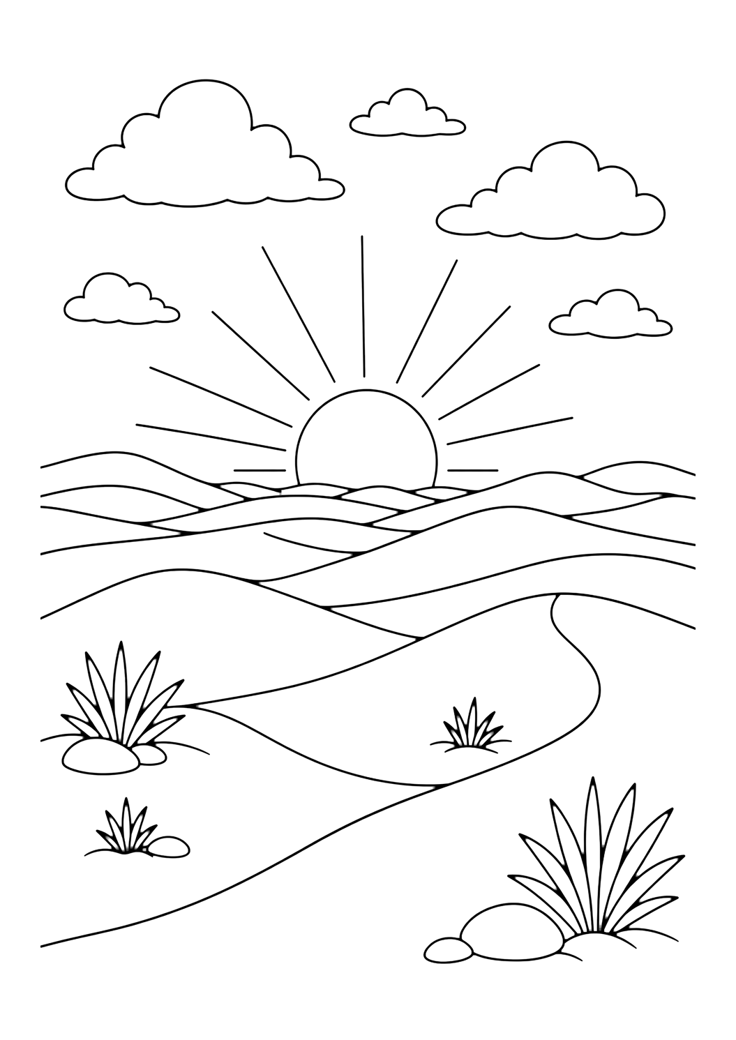 desert sunset dunes coloring page with sand dunes at sunset with a low sun, simple rays, soft clouds, and a wide horizon for kids