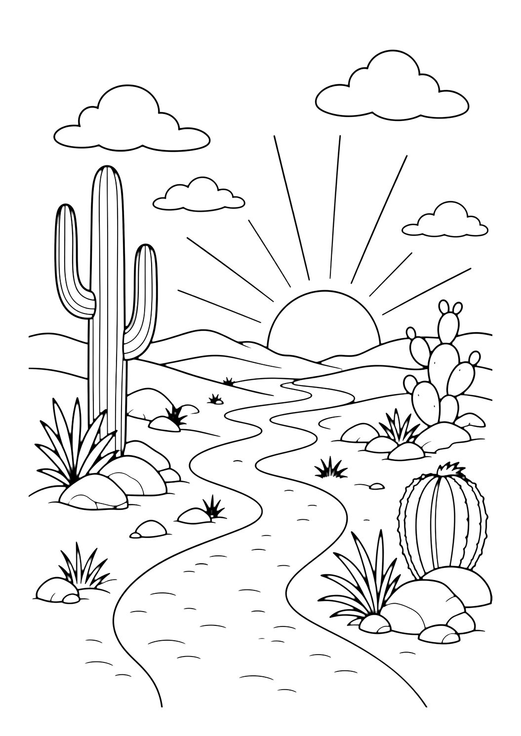 Sentiero del deserto al tramonto da colorare