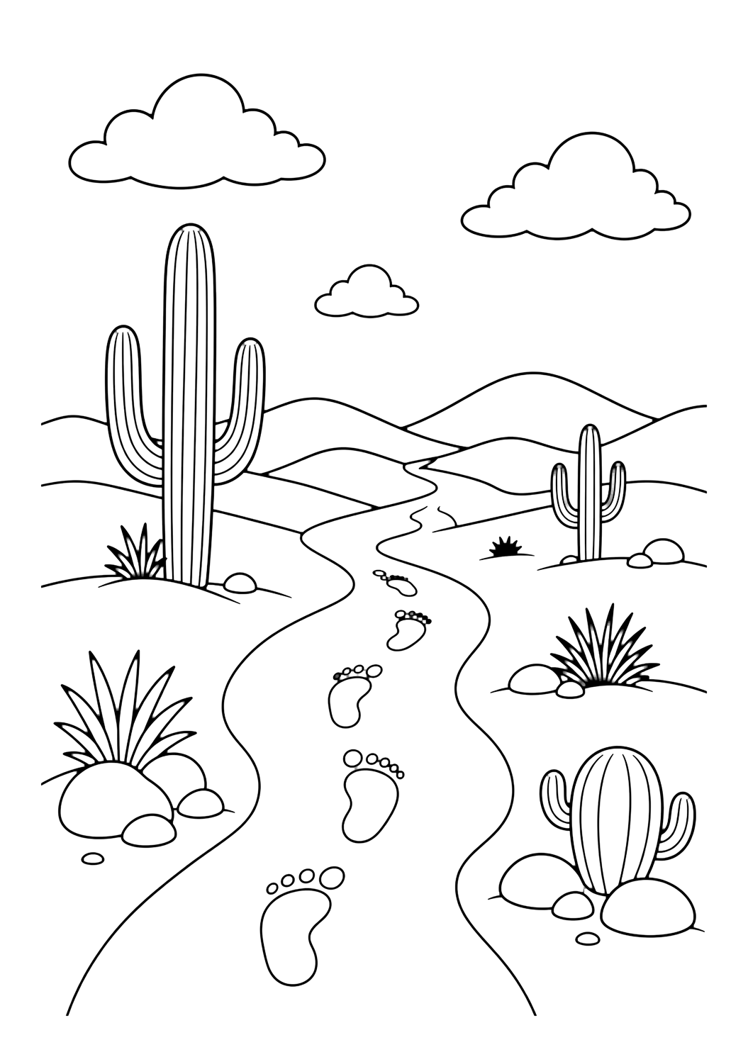 desert trail with footprints coloring page with a sandy desert trail with simple footprints, dunes, rocks, cactus plants, and sky for kids