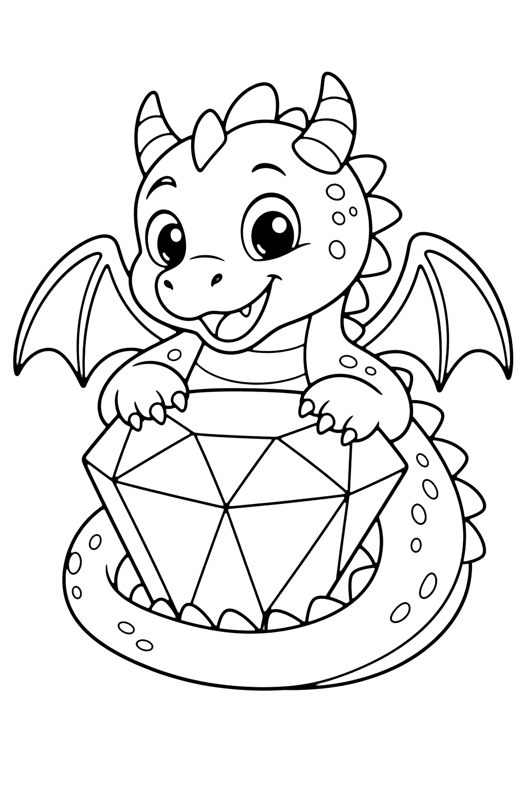 dragon guarding a large gem coloring page with a smiling dragon wrapped gently around one oversized faceted gem with simple wings and tiny horns for kids