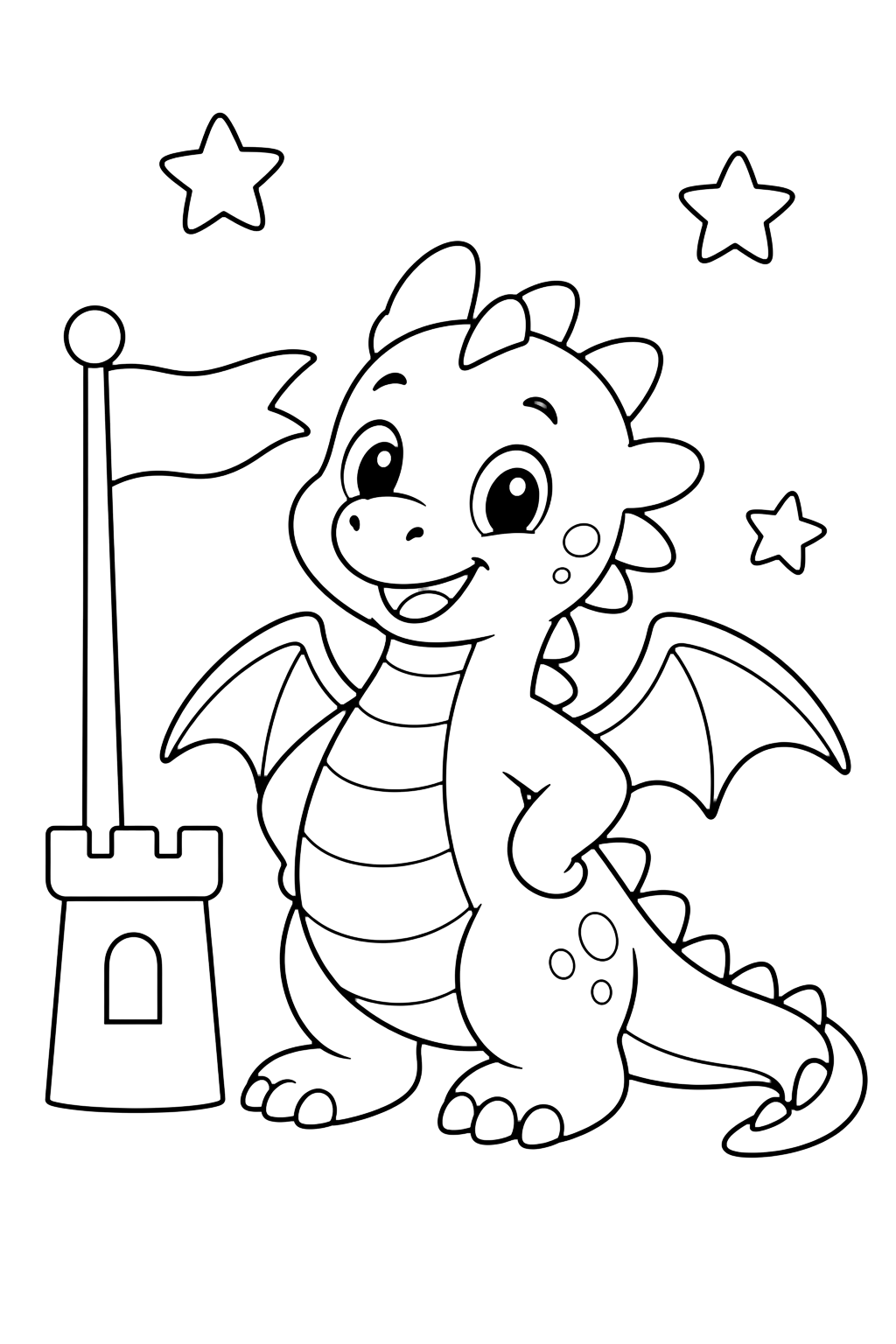 dragoncito junto a una bandera de castillo con estrellas para colorear