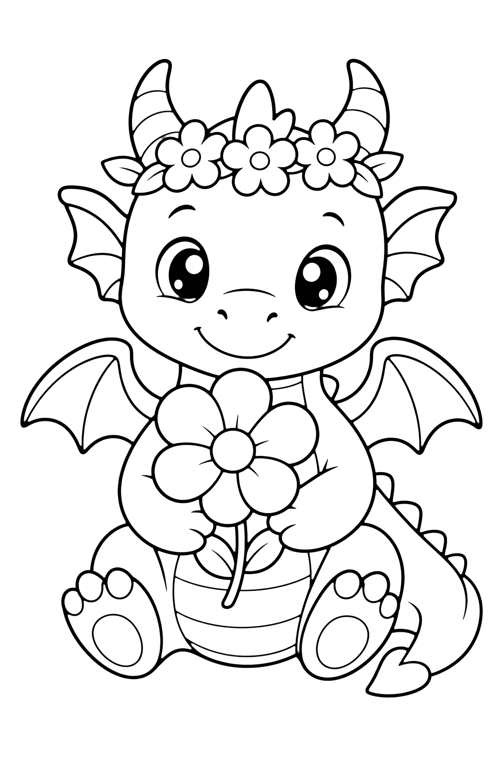 freundlicher Drache mit Blumenkranz hält eine große Blume zum Ausmalen