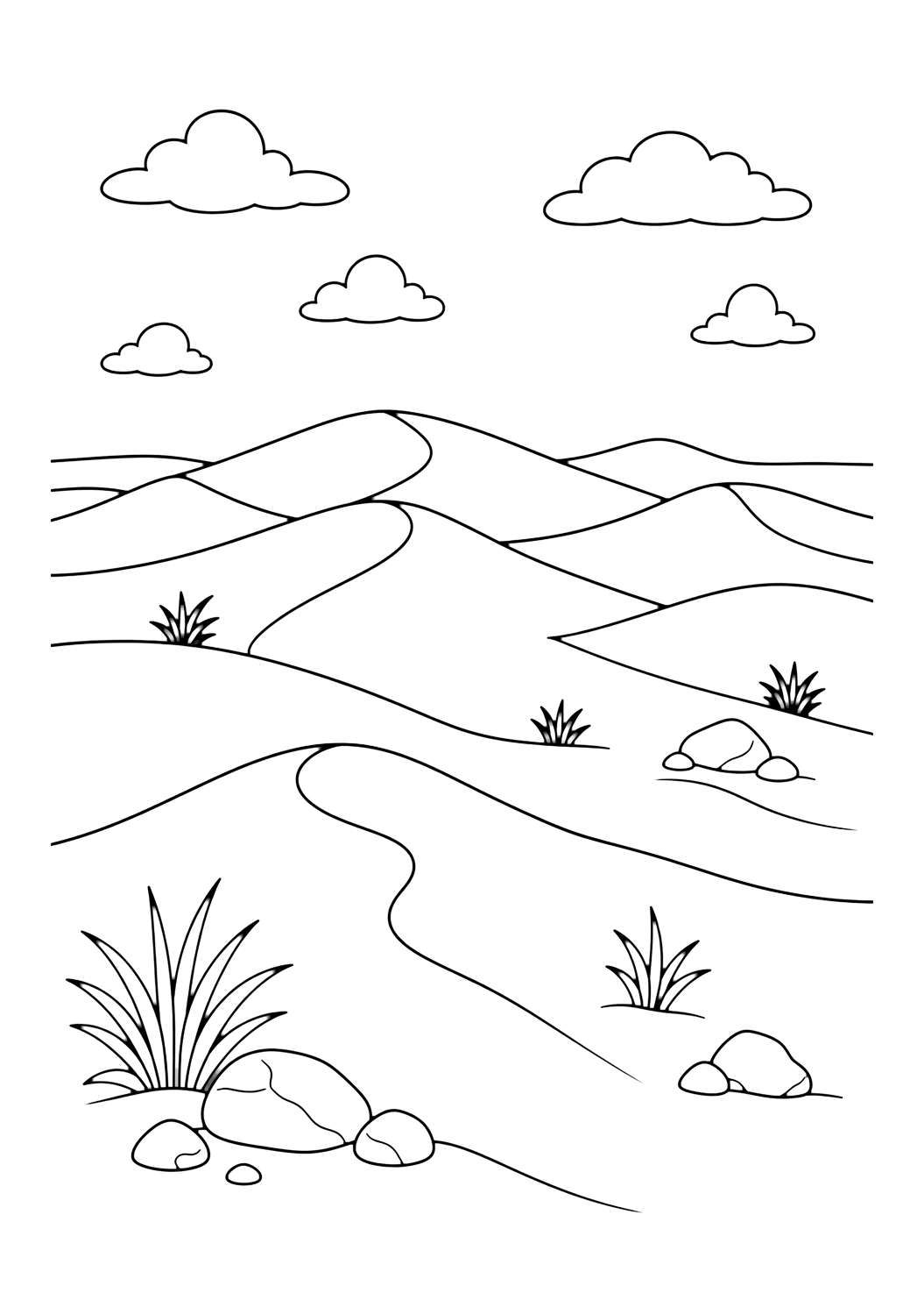 dunes and desert grass coloring page with sand dunes with small tufts of desert grass, rocks, soft clouds, and a wide horizon for kids