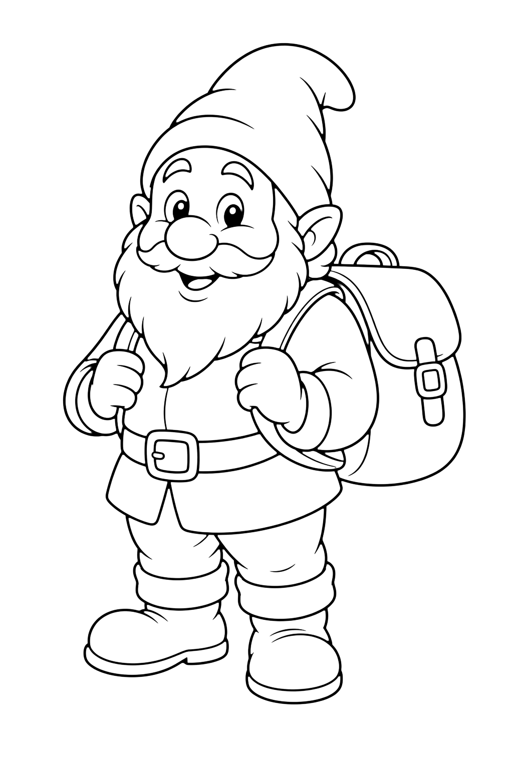 dwarf with a backpack coloring page with a cheerful dwarf carrying one simple backpack with a large flap for kids