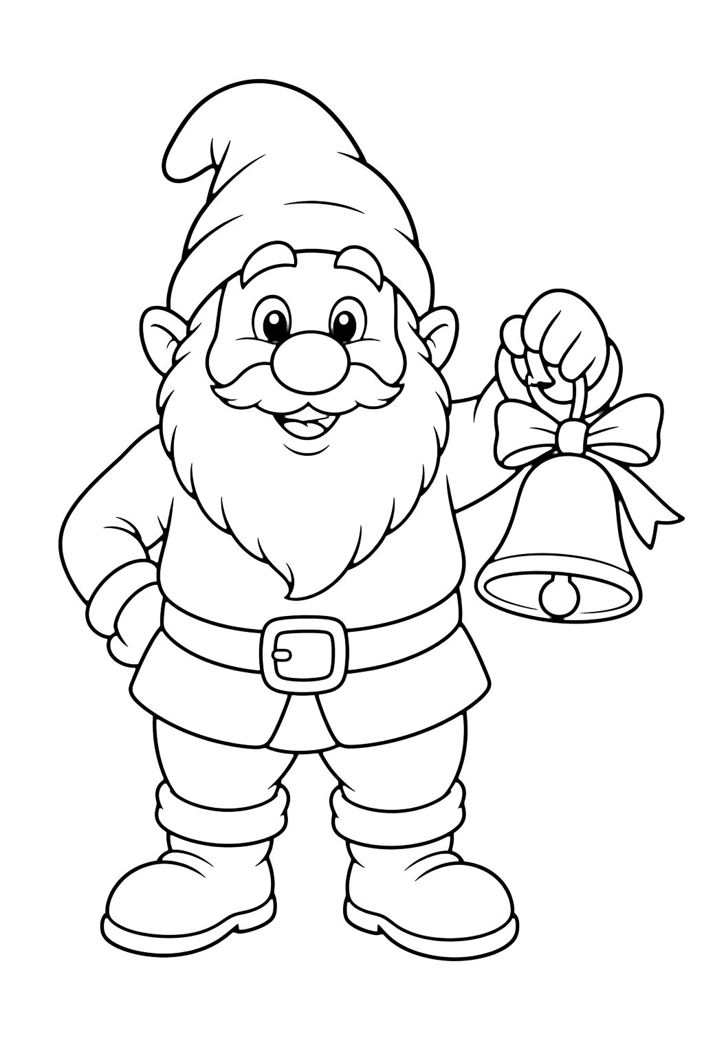 dwarf with a bell coloring page with a smiling dwarf holding one simple bell with a plain ribbon for kids