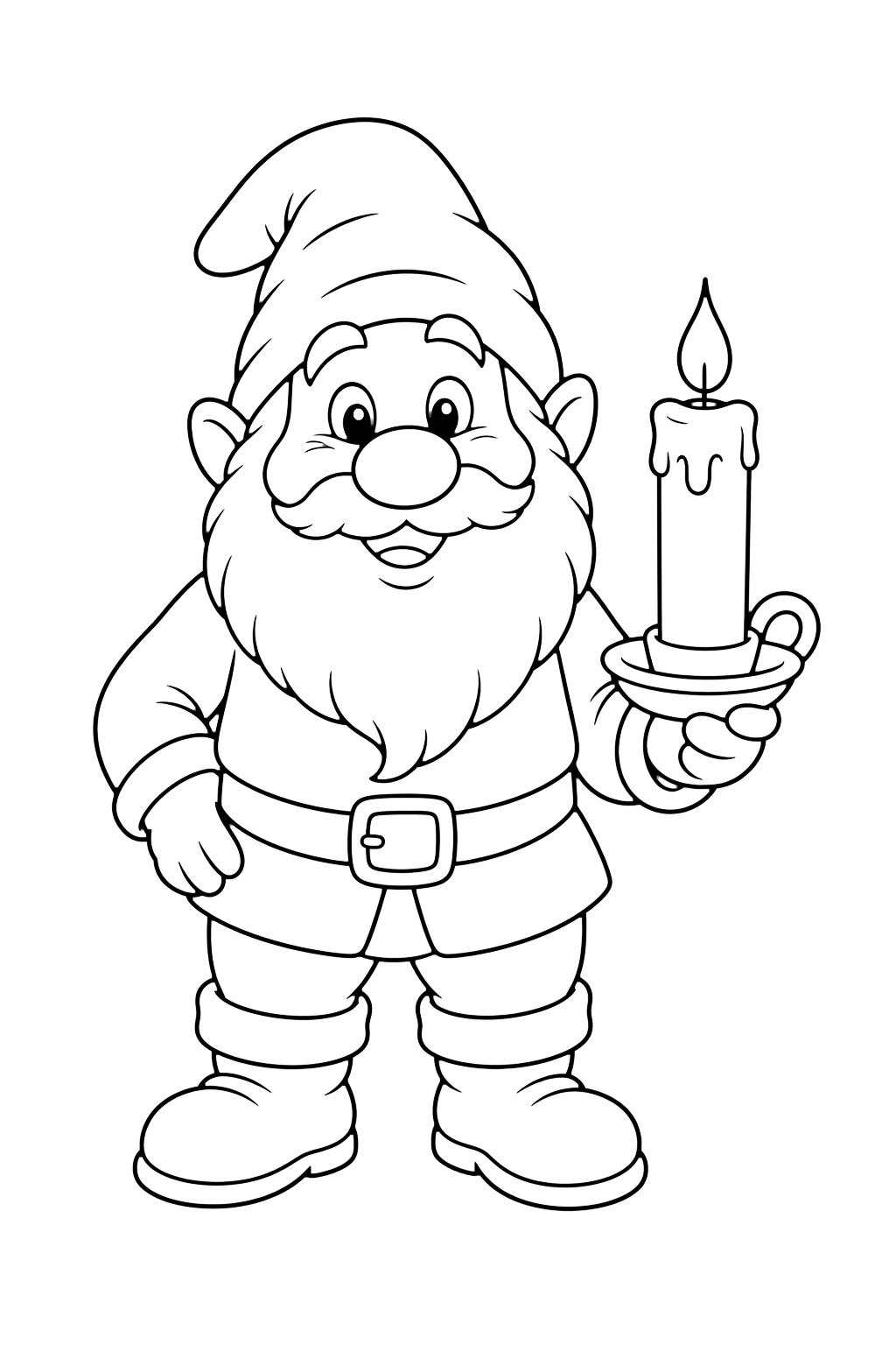 dwarf with a candle coloring page with a friendly dwarf holding one large plain candle in a simple holder for kids