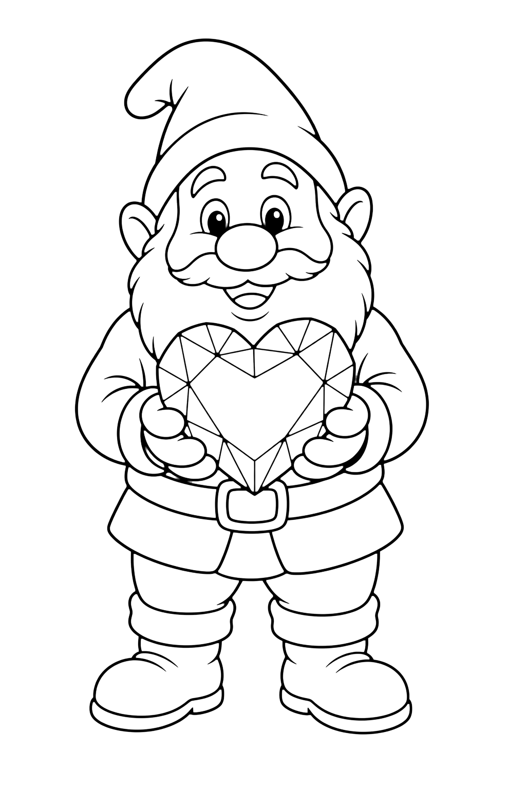dwarf with a heart gemstone coloring page with a storybook dwarf holding one large heart-shaped gemstone for kids