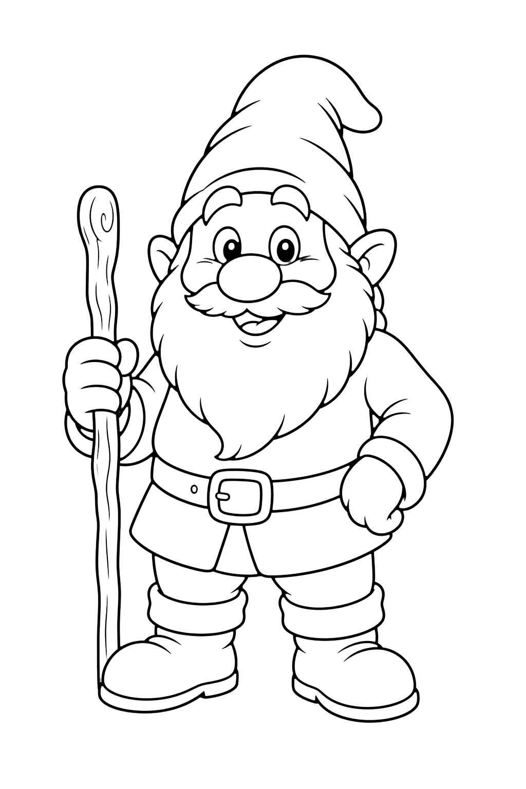 dwarf with a walking stick coloring page with a friendly dwarf holding one simple walking stick for kids