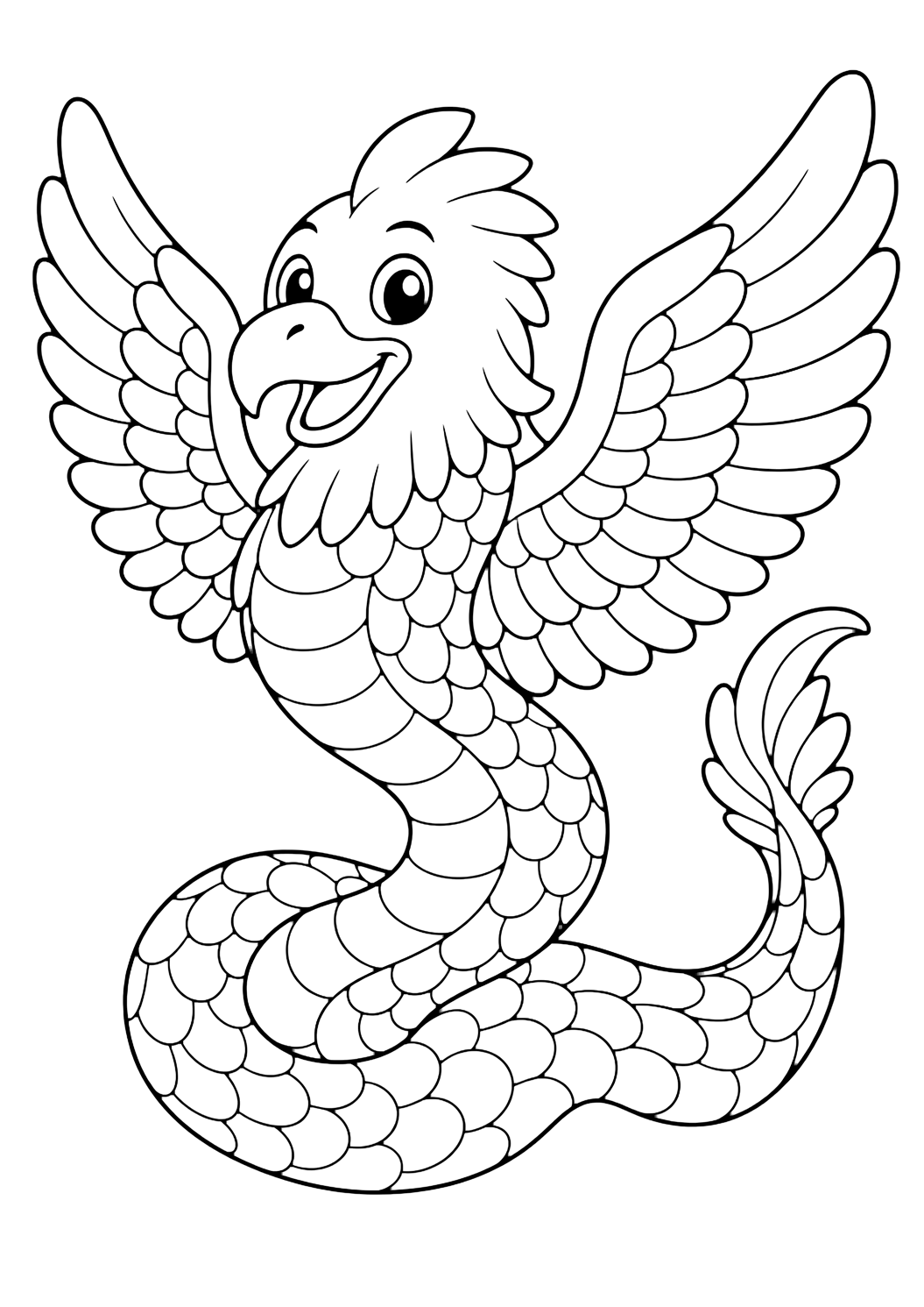 eagle serpent creature coloring page with a friendly eagle-serpent hybrid with an eagle head, broad wings, long serpent body, and a soft curved tail for kids