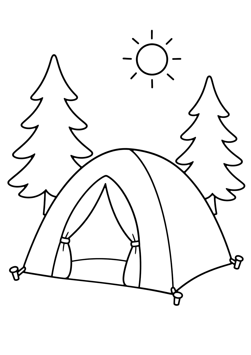 Dibujo de campamento de verano con tienda de campaña fácil. Ideal para imprimir, descargar, colorear online y actividades tranquilas.
