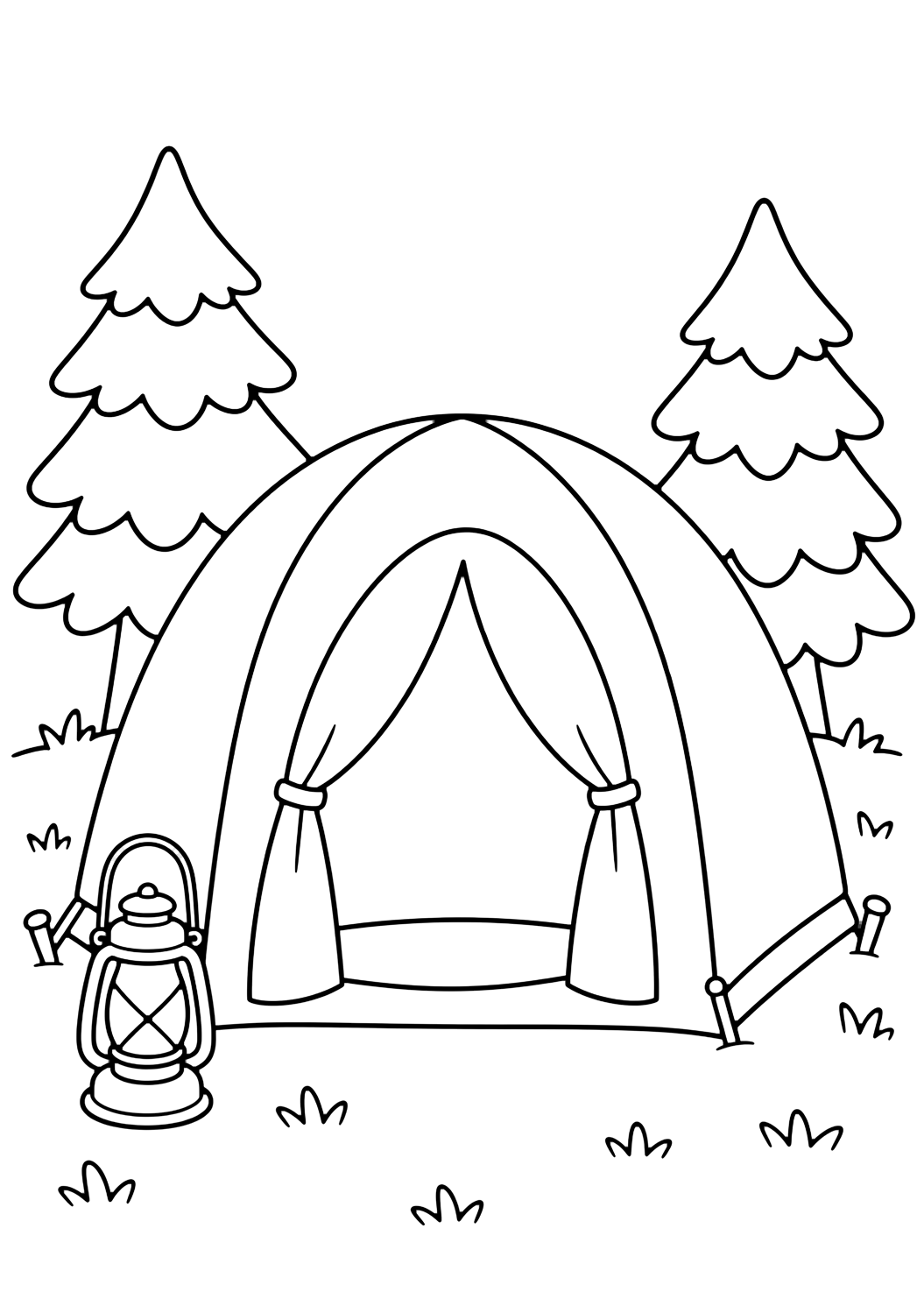 Dibujo de camping con tienda de camping fácil. Ideal para imprimir, descargar, colorear online y actividades tranquilas de verano.