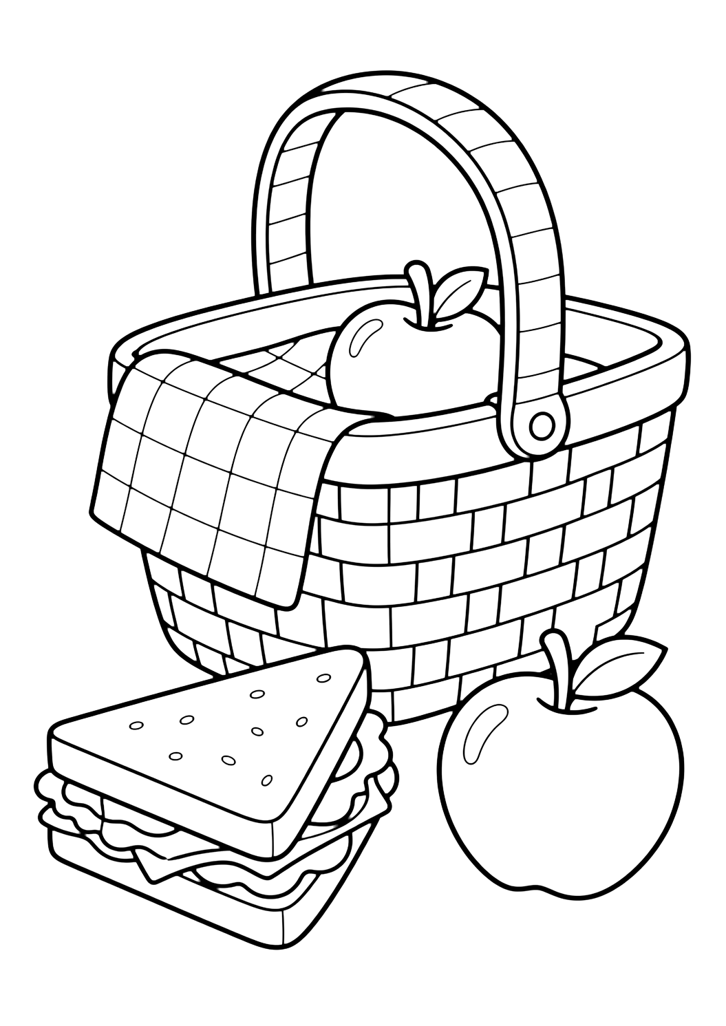 Dibujo de barbacoa y picnic con cesta de picnic. Ideal para verano, impresión, descarga y coloreado online.
