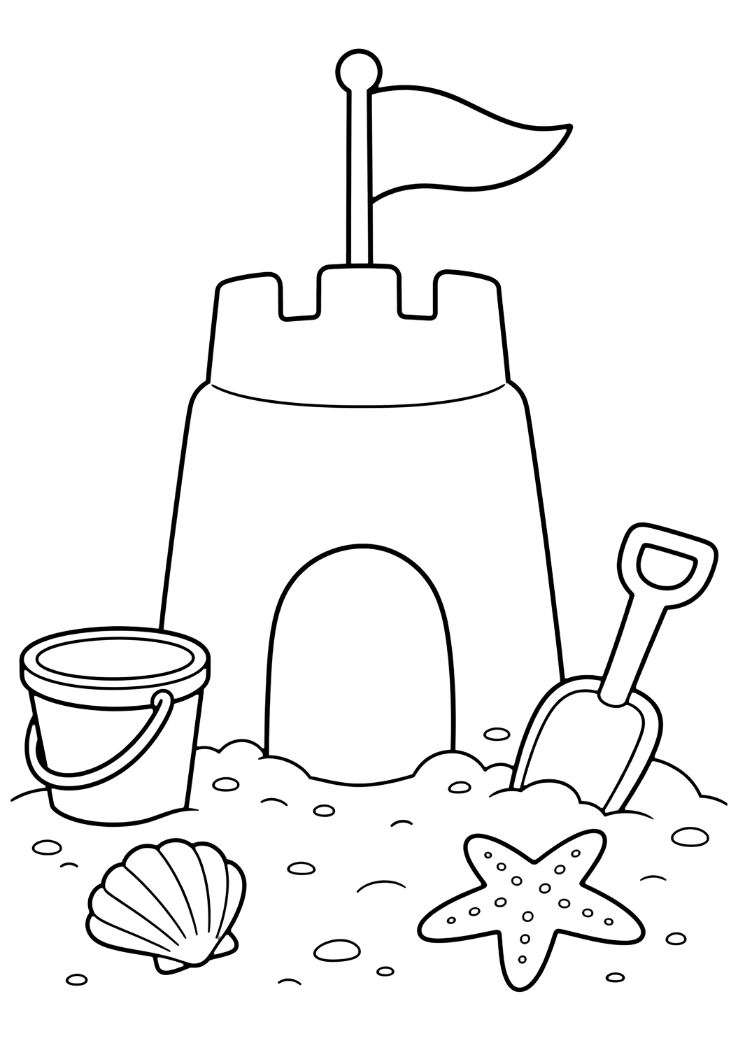 easy preschool sandcastle coloring page with a very easy sandcastle with one wide tower, a big rounded door, a simple flag, and lots of blank space for kids