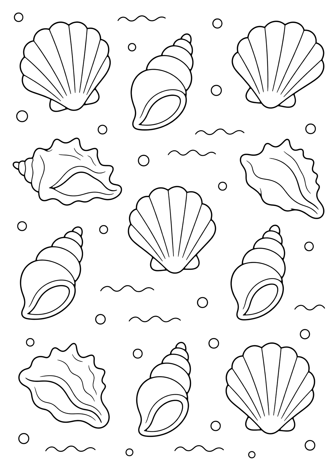 easy seashell pattern coloring page with a simple repeating pattern of large seashells, dots, and small wave shapes with wide spaces between each shell for kids