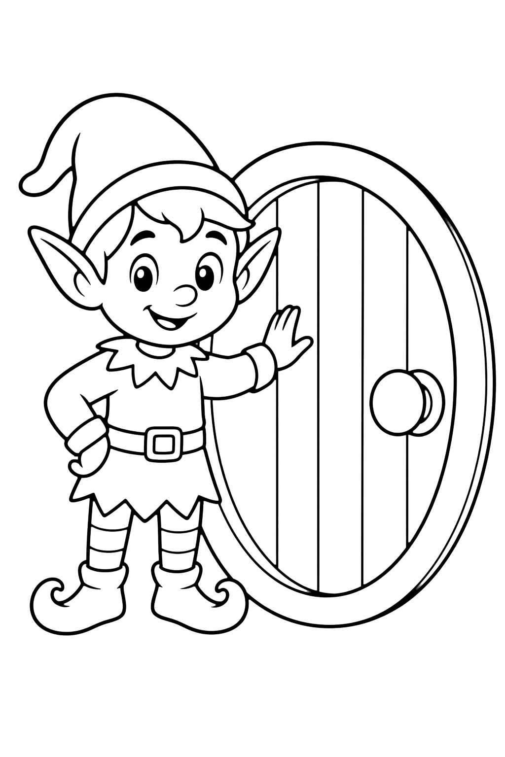Disegno da colorare: Elfo accanto a una porta rotonda nell’albero
