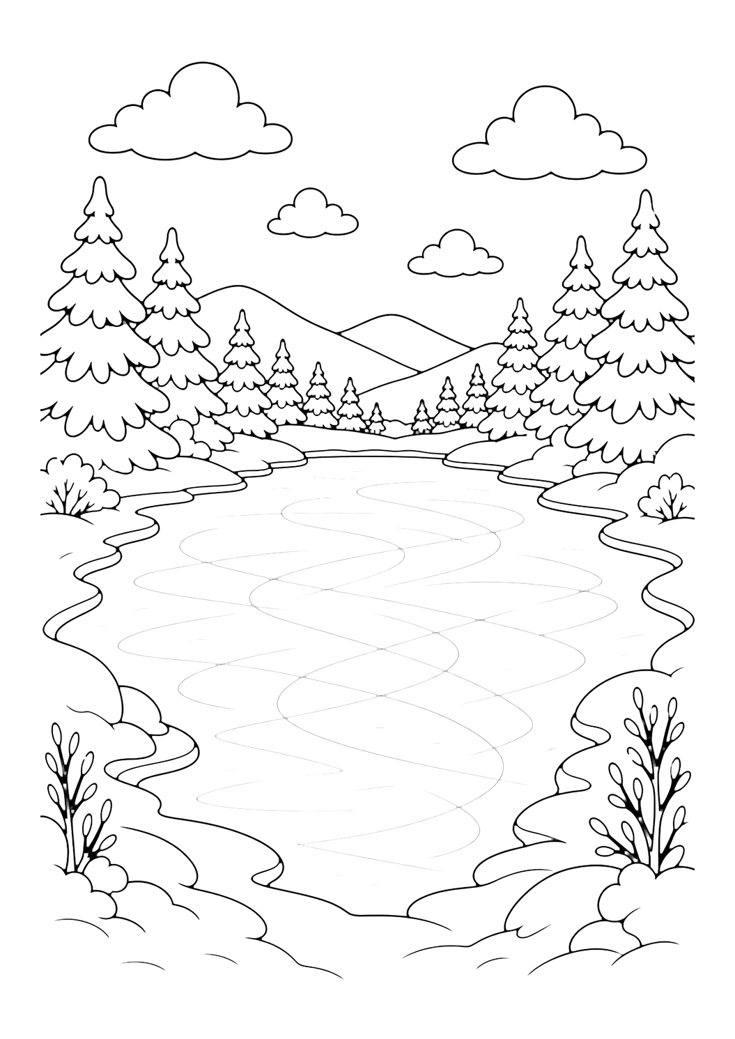 disegno da colorare di lago ghiacciato vuoto per pattinaggio su ghiaccio con semplici tracce dei pattini, rive innevate, pini e nuvole, per bambini