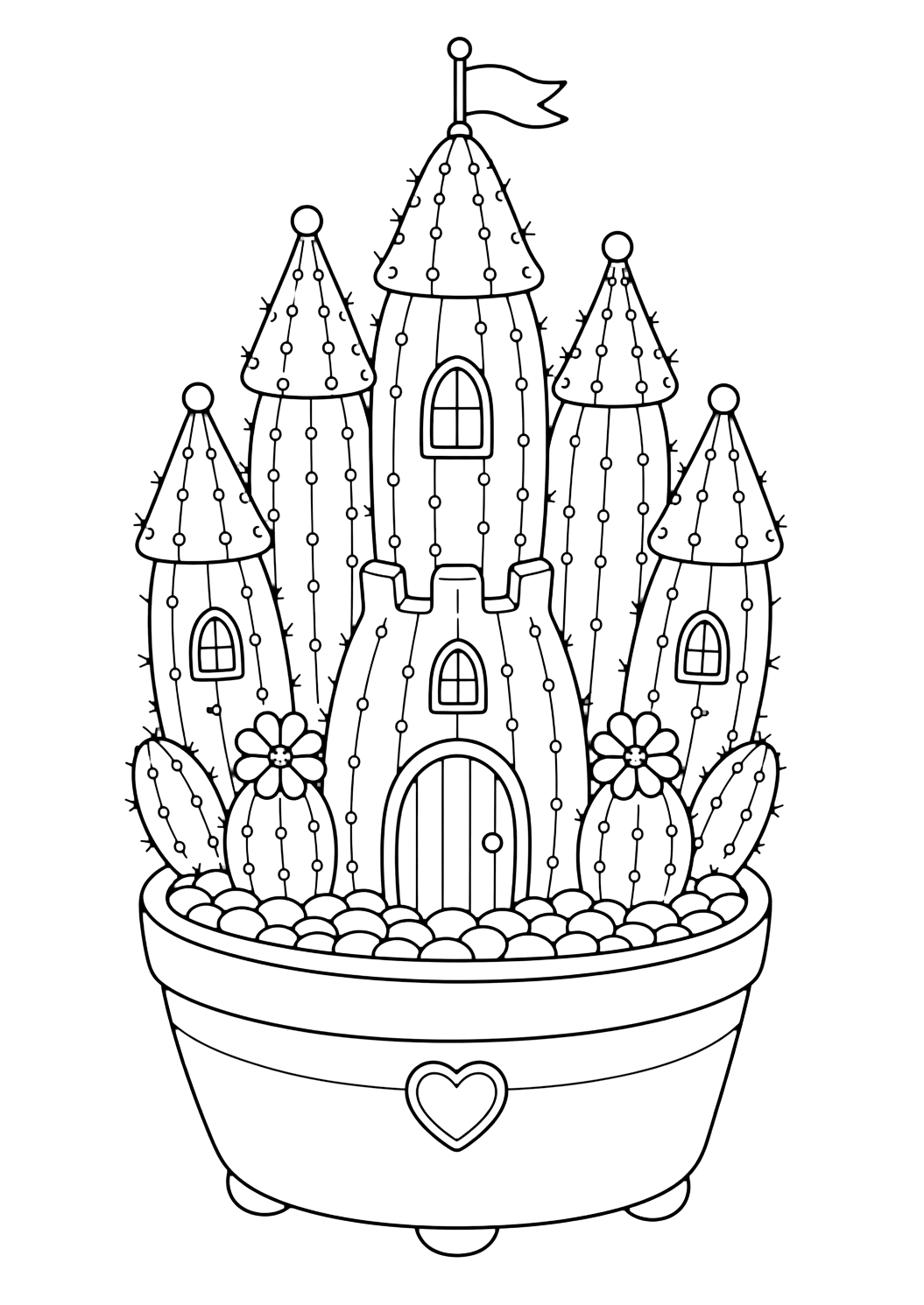 Cactus castello delle fate da colorare con un cactus con costolature chiare, piccole spine sicure, vaso o sassolini del deserto e spazi chiusi comodi. Perfetta per i bambini che amano i disegni di cactus da colorare da stampare e colorare online.