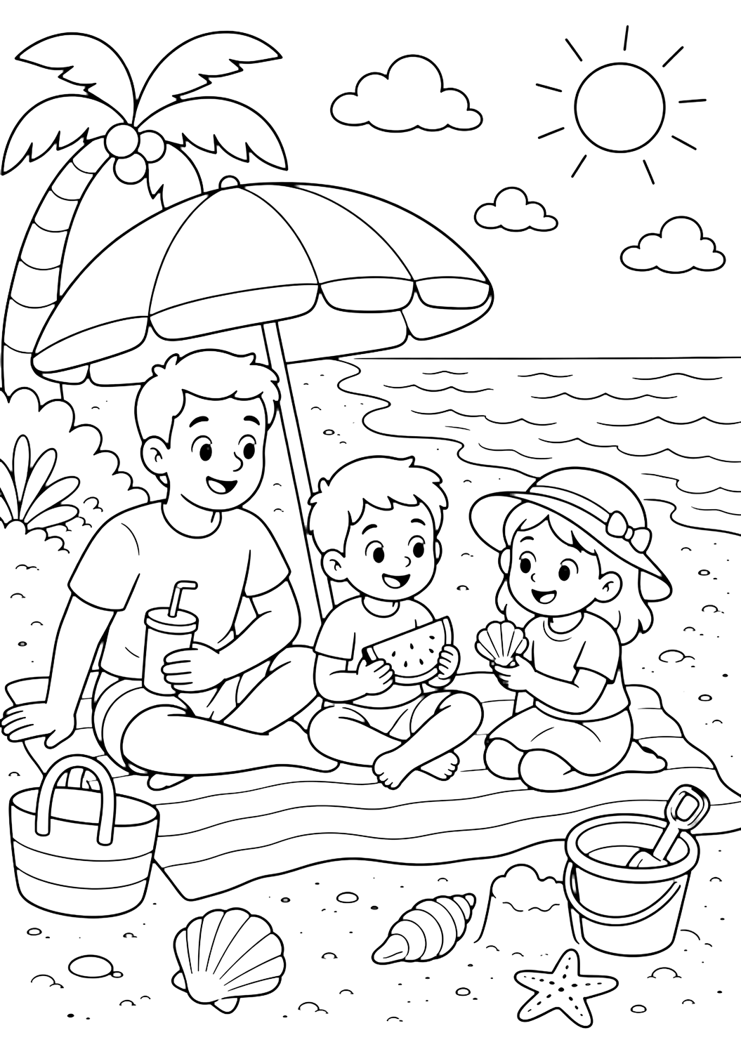 Coloriage de vacances d'été avec vacances en famille à la plage. Idéal pour imprimer, télécharger, colorier en ligne et activités d'été.