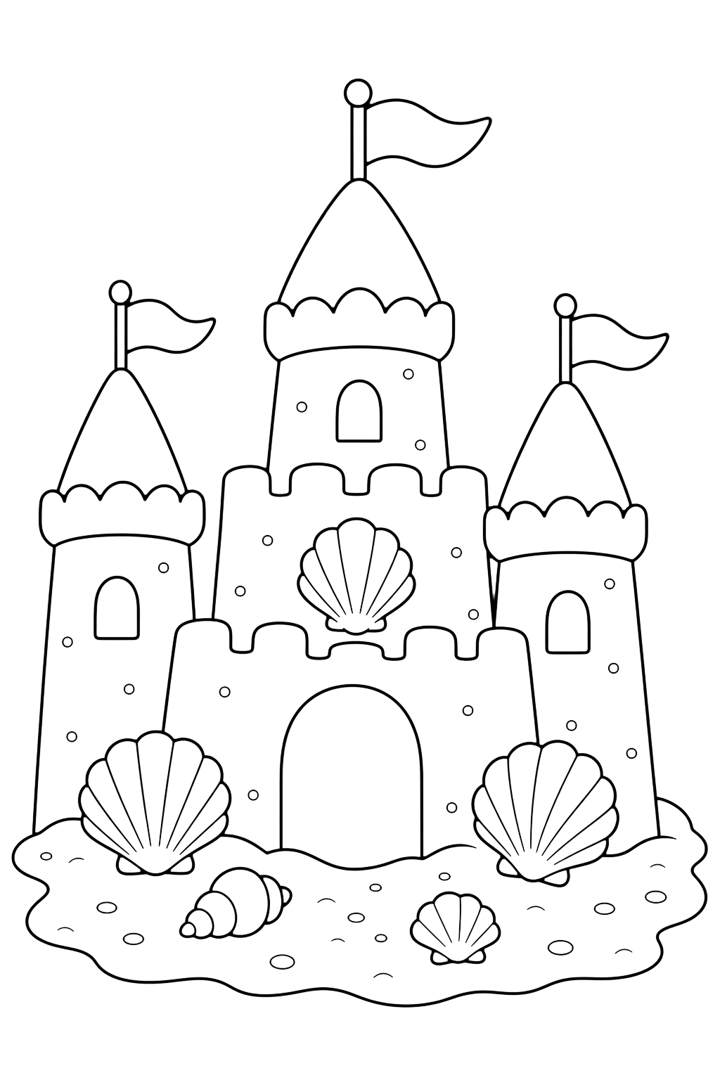 Ausmalbild mit schöne sandburg. Geeignet für Kinder, Strandthemen, Sommer, Ausdrucke und Online-Ausmalen.