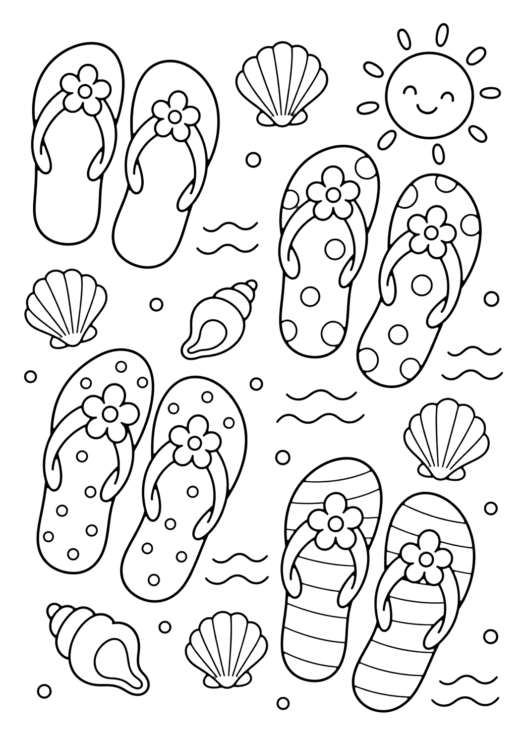 Лятна doodle картинка за оцветяване с джапанки doodle. Подходяща за деца, печат и онлайн оцветяване.