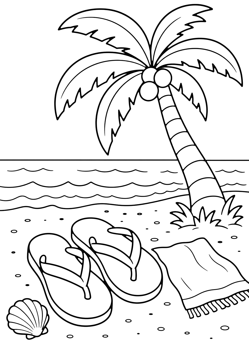 Coloriage avec tongs sous un palmier. Idéal pour enfants, plages tropicales, été, impression et coloriage en ligne.