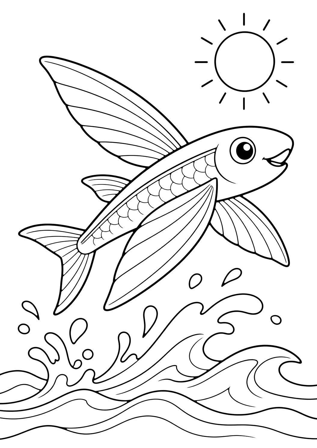 Dibujo para colorear con Pez volador. Ideal para niños, temas del océano, impresión y coloreado online.