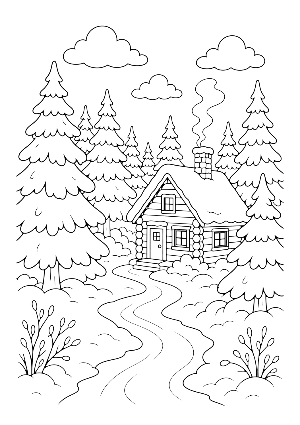 forest cabin in snow coloring page with a small cabin in a snowy forest with pine trees, a path, smoke from the chimney, and clouds for kids